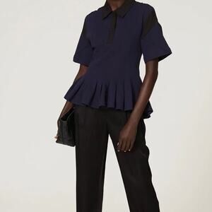 Koche Collective Knit Polo Top Pleated Peplum Navy Fitted Cinched Waist XS
